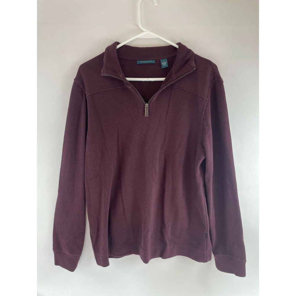 Perry Ellis Sweater Men's Size Medium Wine Burgundy Pullover 1/4 Zip Long Sleeve